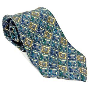 Vintage Christian Dior Monsieur USA 100% Silk Necktie Gray Teal Gold Geometric